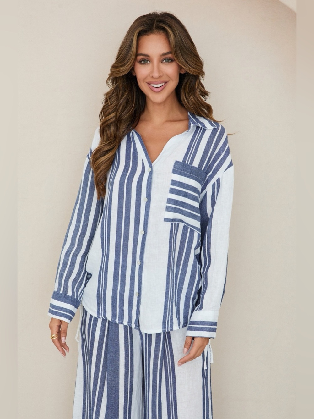 (155162-1-STRIPE-W/N) STRIPE LINEN BUTTON DOWN SIDE CINCH TIE LONG SLEEVE TOP